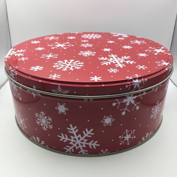 Santa's Workbench 8" Medium Round Canister Christmas Holiday Red White Snowflake - Picture 1 of 10